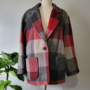 EXCELLENT USED FRENCH COUNTRY EXPRESS PLAID WOOL BLEND LAPEL JACKET COAT SIZE S